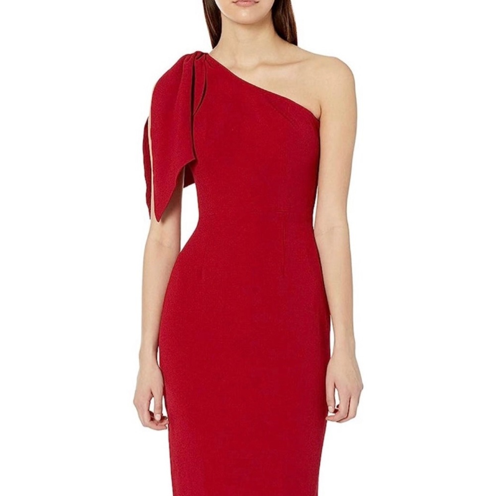 Dress the Population Women's Tiffany One Shoulder Bow Detail Midi Sheath Dress L
